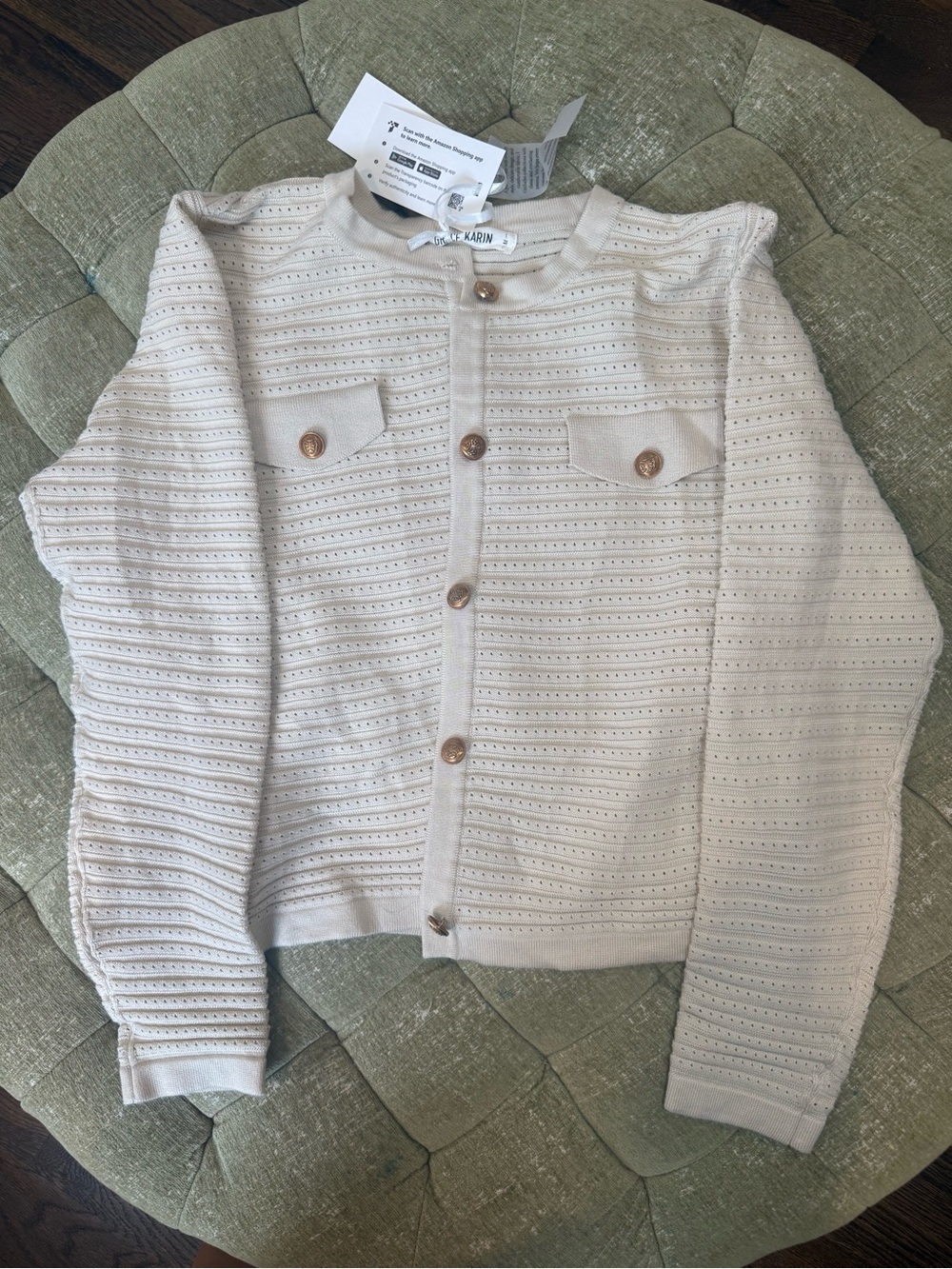 Grace Karin Beige Eyelet Knit Button Cardigan